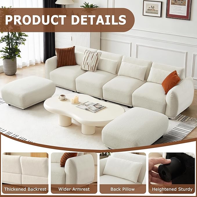 U Shaped Cloud Sectional, Convertible L Shaped Couch with Removable Ottomans,Modular Cloud Couch Sectional for Living Room(4 Set + 2 Ottomans - White)
