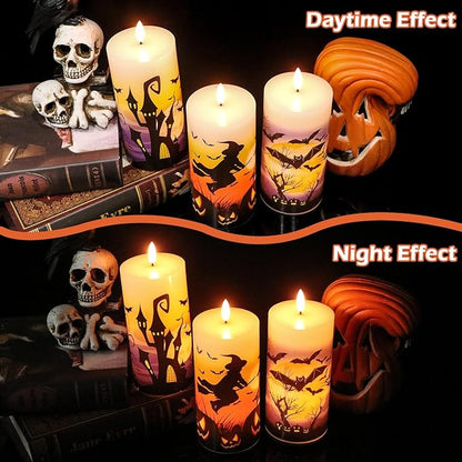 Halloween Flameless LED Candles Battery Operated with Remote and Timer, Real Wax Flickering Pillar Candles 3D Wick Dimmable Light Castle Witch Bats Halloween Decor(3 Pack, 3 x 6 Inches)