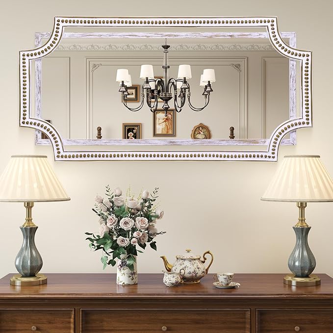 HOITUZYUS 24x47 Inch Large Wooden Farmhouse Wall Mirror, Rustic Decorative Mirrors for Living Room, Bedroom, Bathroom, Entryway - Horizontally or Vertically Mount