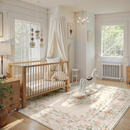 Wonnitar Floral Bow Print Washable 8x10 Rug, Beige Rugs for Living Room, Boho Non Slip Ultra-Thin Soft Neutral Carpet for Nursey Kids Room Dorm Living Room, Beige