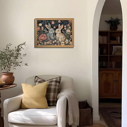 AKWISH Easter Framed 3D Textured Vintage Wall Art - Dark Academia Bunny Decor Hand Drawn Sandstone Paintings with Botanical Florals, Aesthetic Wall Decor for Living Room Bedroom Home 12x16 inch