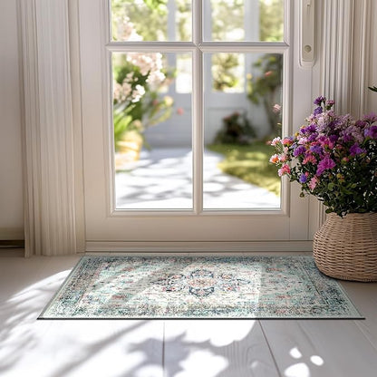 BESTSWEETIE 2x3 Area Rug Washable Rugs for Living Room, No Pile Boho Carpet for Entryway Bedroom Dinning Room, Vintage Carpet Print Distressed Non-Slip, 2 x 3 ft, Multi Navy Teal