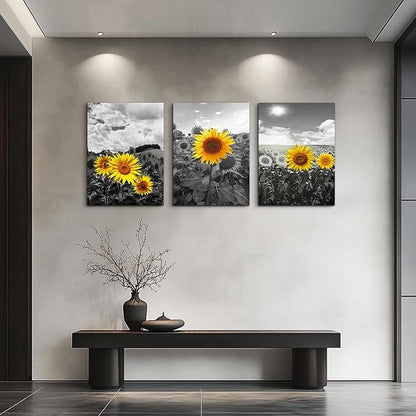 Large size Canvas Wall Art for Living Room family Bedroom wall painting Decoration,Bathroom Wall Decor kitchen Home Decoration Black and white sunflower flowerswall pictures artwork,16x24 3 piece