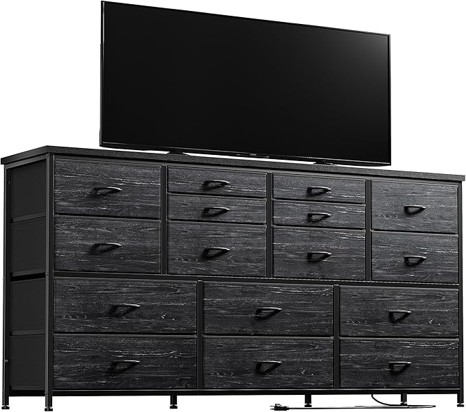 16 Drawers Long Dresser for Bedroom, 51"W Dressers with Power Outlets for 60"Inch TV for Living Room, Entertainment Center with Storage, Media TV Stand Console Table 51.1''W*11.8''D*34.8''H, Black