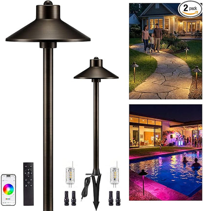 Gardenreet Brass RGBCW Low Voltage Path Light, 12v Smart Landscape Lighting with Dimmable Warm & Cool White 2700k-6500k LED G4 Bulb, App Control Multi-Color for Outdoor Walkway Yard, Bronze 2 Pack