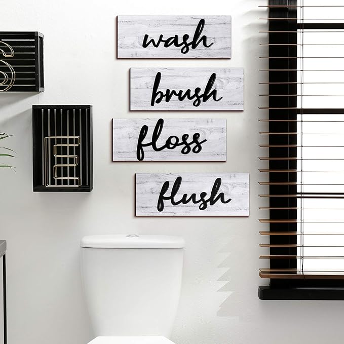 Jetec 4 Pieces Farmhouse Bathroom Wall Decor Wash Signs Rustic Hanging Wooden Signs Primitive Wall Arts Vintage Country Wooden Decorations for Home Room Bathroom(White)