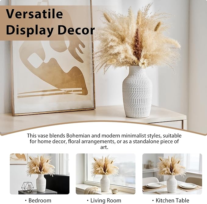 Boho White Ceramic Vase, 8.7" Matte Textured Flower Vase for Home Decor, Minimalist Table Centerpiece for Living Room, Office, Bedroom (Matte White Vase)
