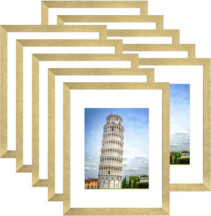 SESEAT 11x14 Picture Frame Set of 10, Display Pictures 8x10 With mat or 11x14 Prints Without Mat, Wall Mounting, Gold