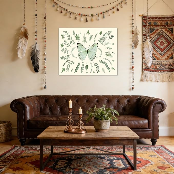 LB Sage Green Butterfly Wall Art Watercolor Eucalyptus Leaves Botanical Canvas Wall Art Green Plant Leaf Wall Decor for Living Room Bedroom Bathroom Framed Ready to Hang 12L x 16W Inch