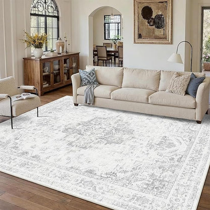 9x12 Vintage Washable Area Rugs Boho Medallion Large Distressed Retro Accent Carpet Floral Non-Slip Soft Low Pile Indoor Throw Rug for Living Room Bedroom Dining Room Office Kitchen, Gray