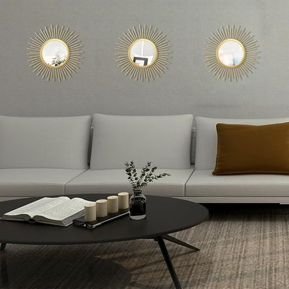 3 Set Sunburst Mirrors for Wall Decor Living Room Bedroom Bathroom Dining Room Metal Boho Sunburst Wall Mirror Set Gold Metal Vintage Circle Art Pack - Gold 11.8 in