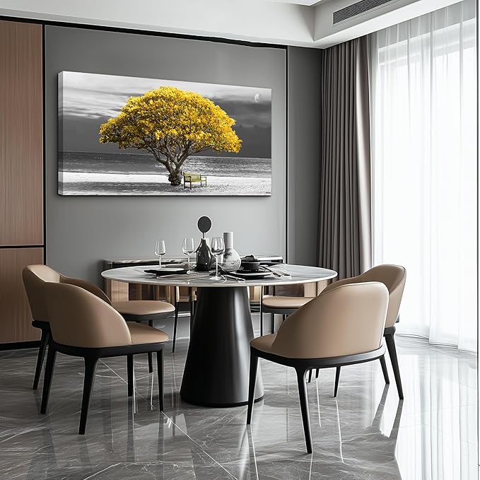 wall art for living room Decorations Photo Prints - panoramic black and white with yellow trees The moon scenery - Modern Home Decor The room Stretched and Framed Ready to Hang artwork 24X48inches