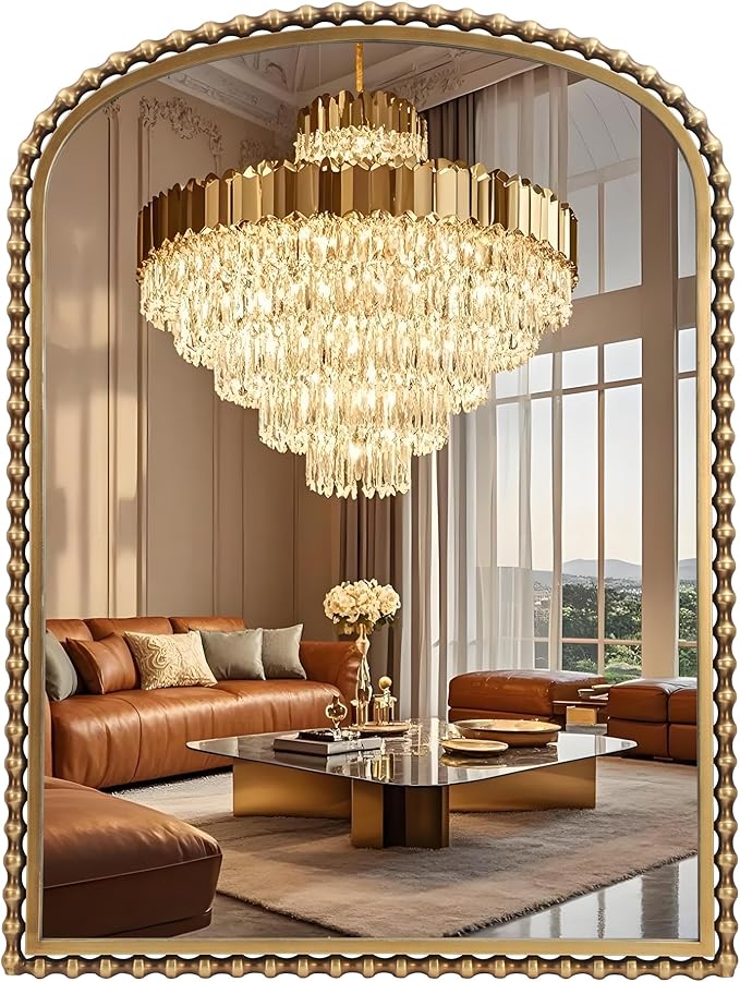 30x40 Inch Arched Wall Mirror, Antique Gold Beaded Metal Frame, Large Vertical Wall Mirror for Entryway, Bedroom or Hallway, Decorative Wall Mounted Mirror