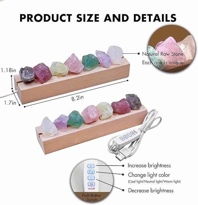 Healing Crystal Night Light,7 Chakra Stones Bedside Lamp,Mood Light with Wooden LED Light Base,Healing Stones Positive Energy Night Light for Home Decor Gifts (Plug-in)