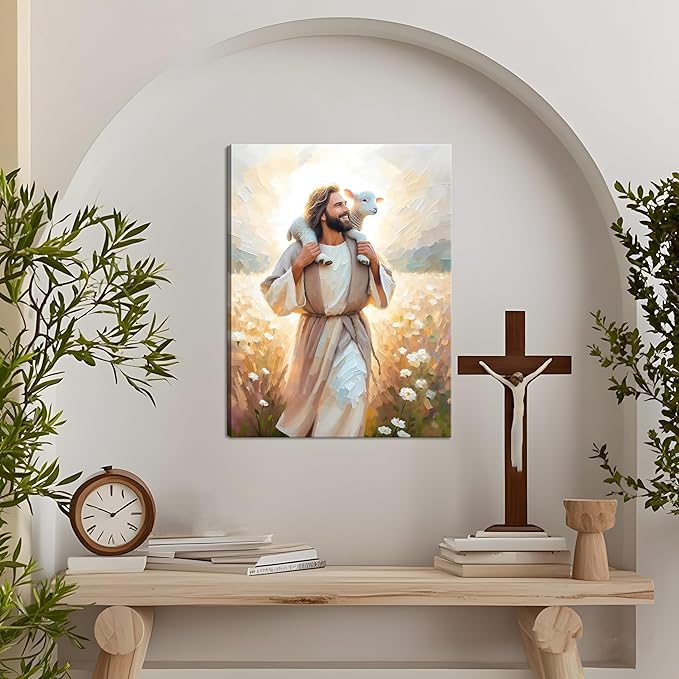 Jesus Canvas Wall Art Print – Christian Wall Decor Poster Painting of Jesus Carrying the Lamb, Inspirational Religious Decor for Living Room, Church or Prayer Room – 16"x24" Framed