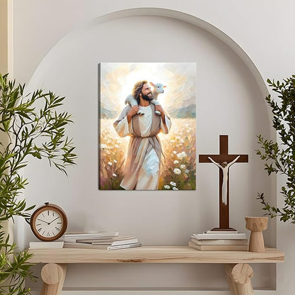 Jesus Canvas Wall Art Print – Christian Wall Decor Poster Painting of Jesus Carrying the Lamb, Inspirational Religious Decor for Living Room, Church or Prayer Room – 16"x24" Framed