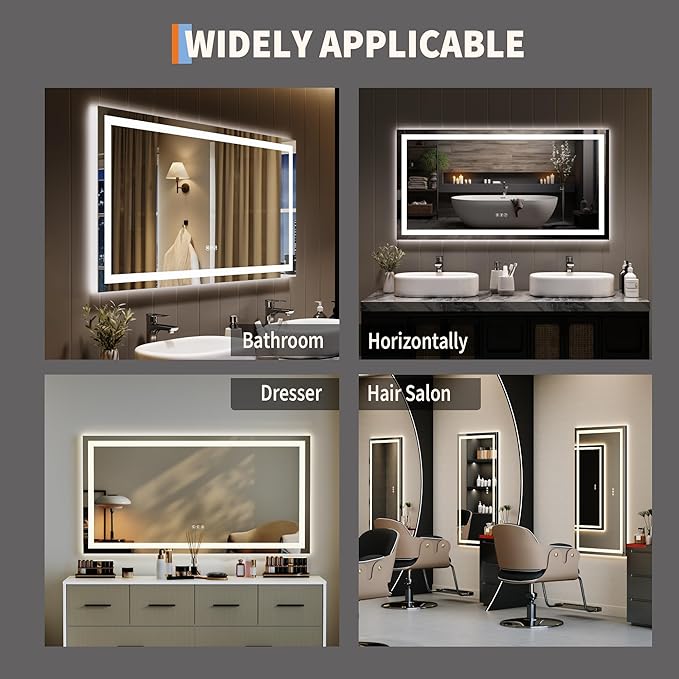 50x26 LED Bathroom Mirror with Lights, Frameless Wall Mounted Vanity Mirror with Front & Backlight, Dimmable Color Temperature, 5mm Copper-Glass, for Bathroom