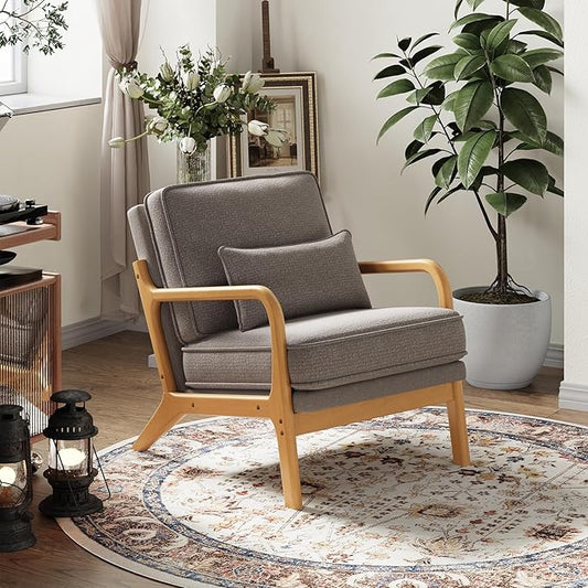 MALOL Accent Chair with Solid Wood Frame, Mid-Century Relaxing Armchair Lumbar Pillow& Soft Cushion, Reading Leisure Chair for Living Room, Bedroom, Waiting Room-Grey