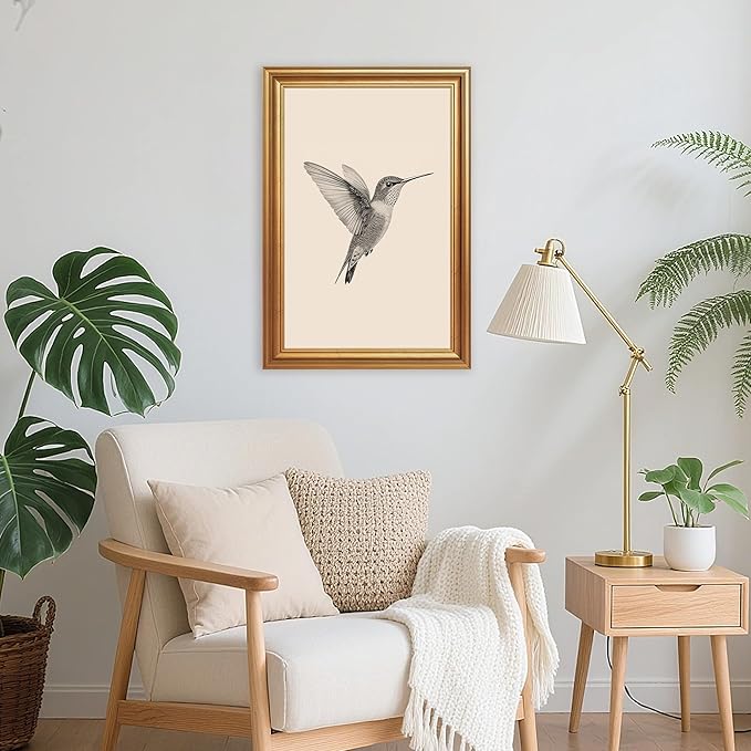 JLTULT Gold Framed Hummingbird Wall Art, Vintage Black White Sketch Wall Decor, Hummingbird Illustration Art Prints for Living Room Bedroom Office 16x24 Inches with Fade-Resistant Easy to Hang