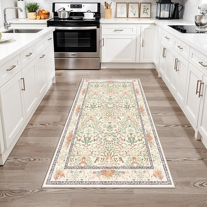 3x6 Botanical Rug Washable Non-Slip – Soft Wide Floor Carpet Runner for Kitchen Entryway Hallway Bathroom, Vintage Florals Animals Low Pile Area Rug (Cream)