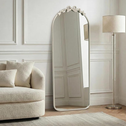 Besdomus Arched Mirror Full Length: 21"x56" Bow Champagne Silver Large Floor Standing Mirror - Antique Baroque Traditional Ornate for Entryway/Cloakroom/Bedroom - Home Decor for Fashion-Conscious
