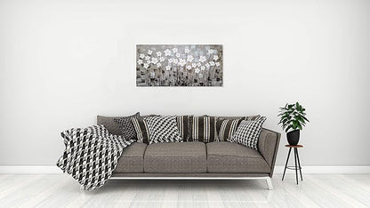 Yihui Arts Hand-Painted Textured White Floral Oil Painting on Canvas, Modern Gray Abstract Background Wall Art for Living Room Bedroom, Thick Textured Floral Decor