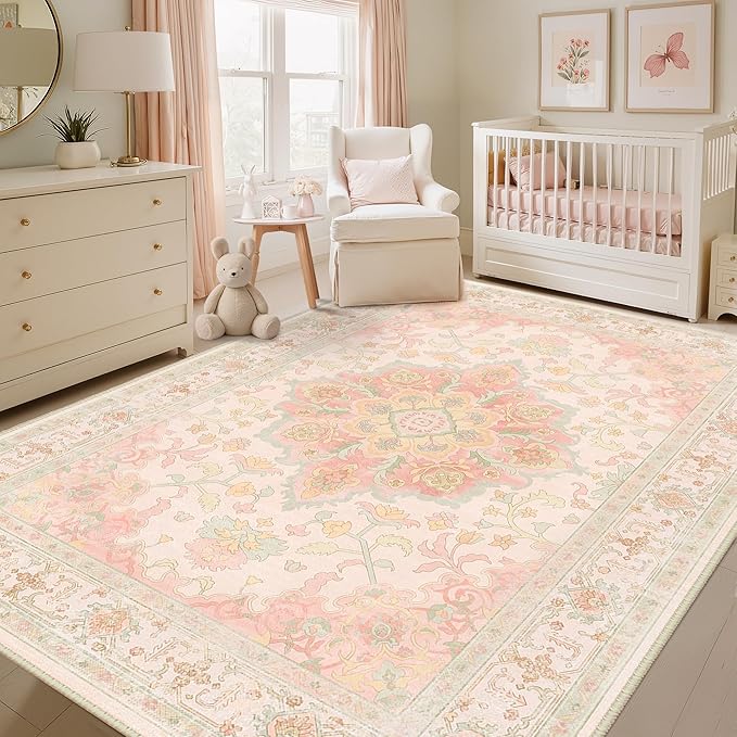 CAPALOCA Machine Washable Rugs Nursery Rug 9x12 Cute Girl Non Slip Low Pile Water Repellent Soft Print Pattern for Bedroom Indoor Decor Kids Playroom Pink Green
