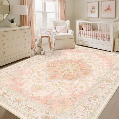 CAPALOCA Machine Washable Rugs Nursery Rug 8x10 Cute Girl Non Slip Low Pile Water Repellent Soft Print Pattern for Bedroom Indoor Decor Kids Playroom Pink Green