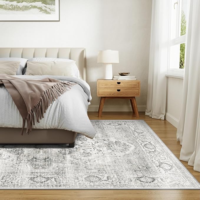 Washable 8x10 Area Rug - Large Soft Rugs for Living Room Vintage Stain Resistant Carpet for Bedroom with Non Slip Backing Home Decor Indoor Floor Mat (Ivory/Gray,8'x10')