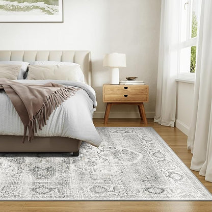 Washable 8x10 Area Rug - Large Soft Rugs for Living Room Vintage Stain Resistant Carpet for Bedroom with Non Slip Backing Home Decor Indoor Floor Mat (Ivory/Gray,8'x10')