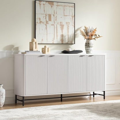 Fatmok 65" Buffet Cabinet with Storage, Fluted Credenza Sideboard with 4 Doors & Adjustable Shelves, Large Coffee Bar Console Table for Dining Room, Living Room, Entryway, White