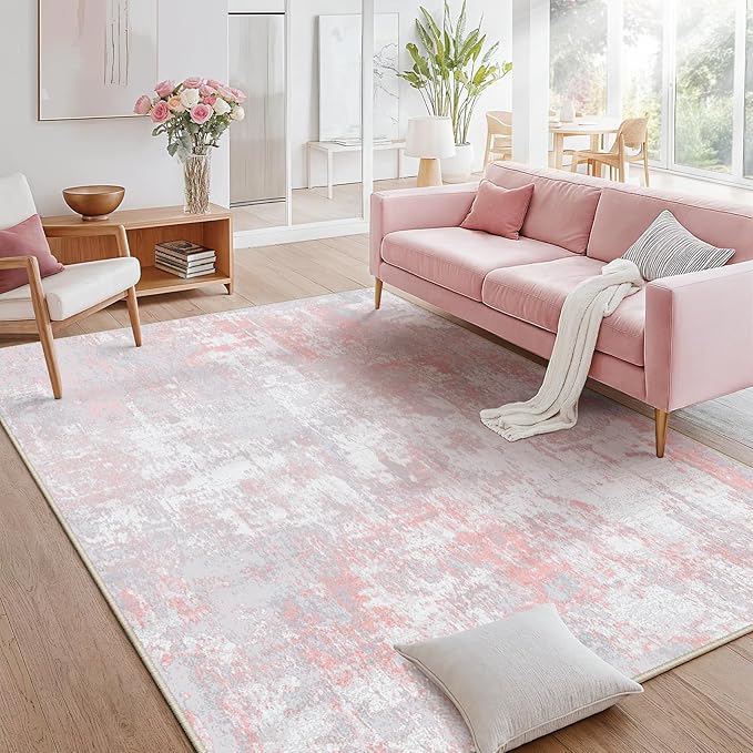 RELEANY Washable Area Rugs 6'x9' Non-Slip Modern Abstract Soft for Living Room Entryway Bedroom Nursery, Print Pattern, Grey Pink