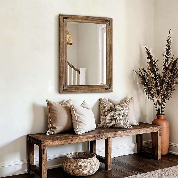 AMOISE Farmhouse Bathroom Vanity Mirror, 32" x 24" Wood Frame Wall Mirror, Vintage Rustic Decor for Entryway, Bedroom, Living Room, Vertical or Horizontal Hanging