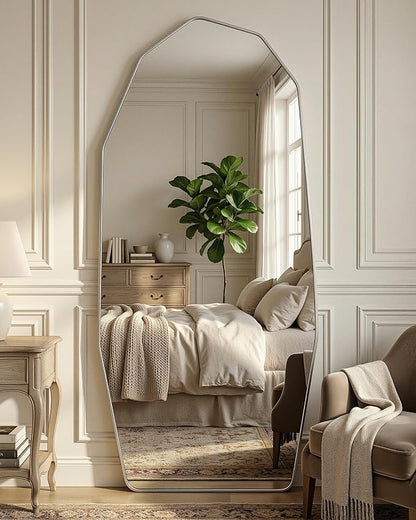 Antok Full Length Mirror, 71"x32" Floor Mirror, Free Standing Wall Mounted or Leaning Full Body Mirror with Aluminum Alloy Frame, Diamond Irregular for Bedroom Entryway Cloakroom, Silver