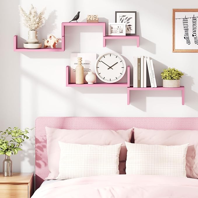 SRIWATANA Floating Shelves, Wall Shelves for Bathroom, Bedroom, Living Room, Kitchen, Office, Wood Shelves for Wall Decor Set of 5 (Pink)