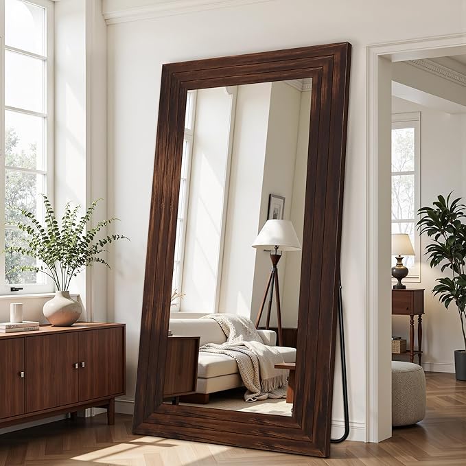 Antok Full Length Mirror with Solid Wood Frame, 81"×41" Wall Mounted Oversized Floor Mirror with Stand, Leaning Standing Hanging for Bedroom Living Room Entryway, Walnut, Rect Style