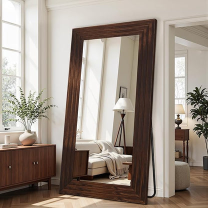 Antok Full Length Mirror with Solid Wood Frame, 81"×41" Wall Mounted Oversized Floor Mirror with Stand, Leaning Standing Hanging for Bedroom Living Room Entryway, Walnut, Rect Style