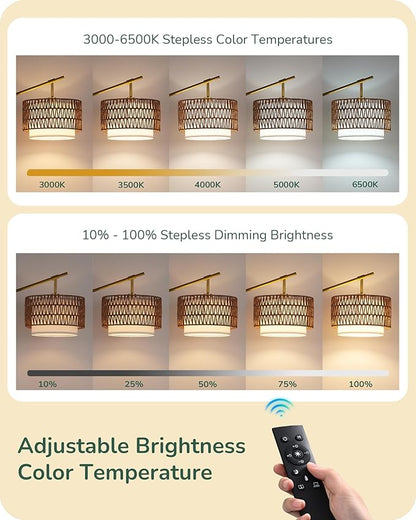 EDISHINE Rattan Arc Floor Lamp with Remote, Gold Farmhouse Standing Lamps for Living Room, Rattan & Fabric Dual Shades, Dimmable LED Bulb, Foot Switch, Adjustable Head Boho Lamp for Bedroom, Nursery