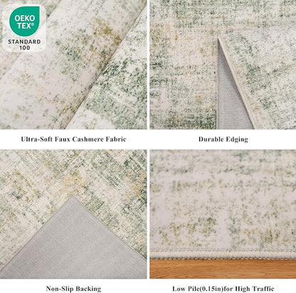 3x6 Washable Wide Runner Rug – Non-Slip Floor Carpet Runner for Kitchen Entryway Hallway Bathroom, Modern Abstract Low Pile Thin Area Rug (Sage Green)