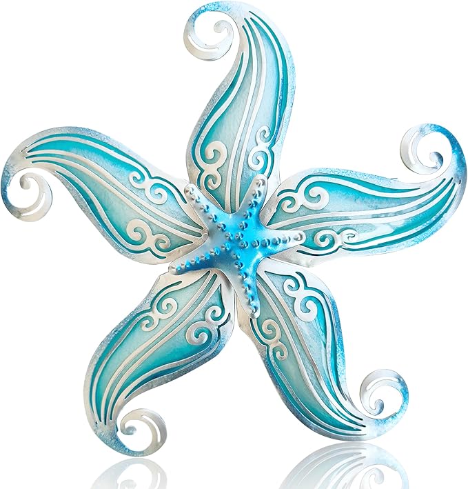 POXOHO Starfish Outdoor Wall Decor for Garden Fence Patio, 12" Hanging Metal & Glass Sculpture, Coastal Beach Ocean Gift for Women Men(Sky Blue)