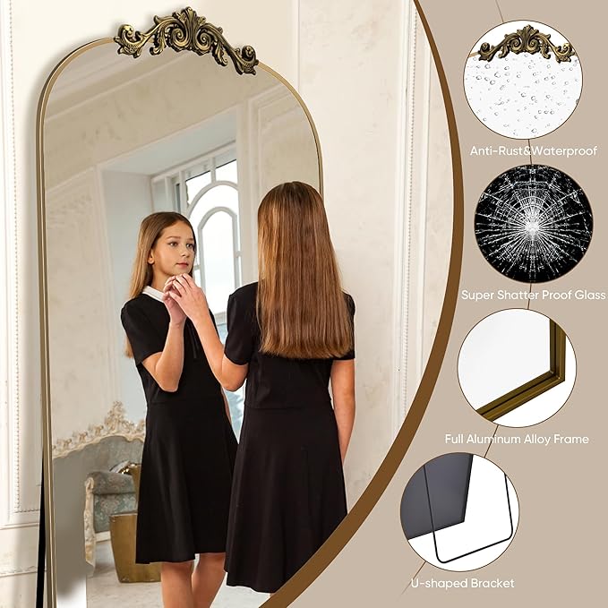 Antok Arched Full Length Mirror, 65"x24" Floor Mirror with Carved, Full Body Mirrors for HomeDecor, Standing/Halling Large Wall Mirror for Bedroom, Living Room, Cloakroom, Bronze, Retro Style