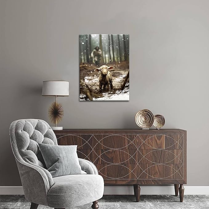 Jesus Christian Wall Art, Jesus Saves the Lost Lamb Canvas Wall Decor, Religion Canvas Art Wall Decor Posters Paintings Prints for Living Room, Bedroom, Prayer Room, Framed 12x16 inch