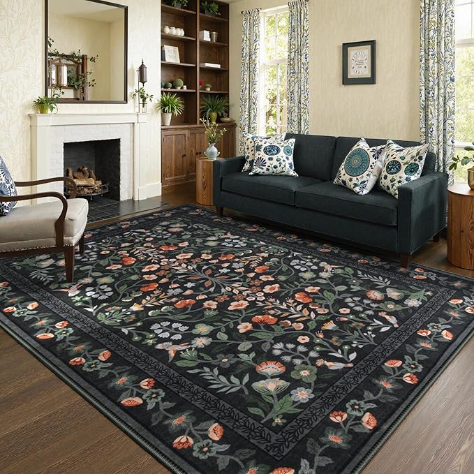 Lahome Black Floral Washable Area Rug 8x10, Vintage Non Slip Stain Resistant Carpet for Living Room Bedroom, Low-Pile Soft Boho Rug for Dining Room Office, Machine Washable Home Decor, Black