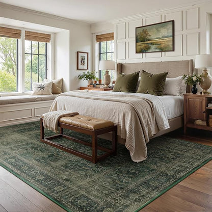 Dark Green 9x12 Large Area Rug for Living Room, Washable Low Pile Rug for Dining Room Under Table, Non Slip Thin Big Carpet Rugs for Bedroom, Moody Green with Brown Accents