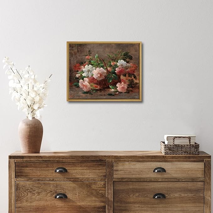 Pyradecor Vintage Retro Framed Wall Art A Basket with Roses Canvas Prints Classical Floral Painting Artwork for Kitchen Decor Farm House Office Decorations