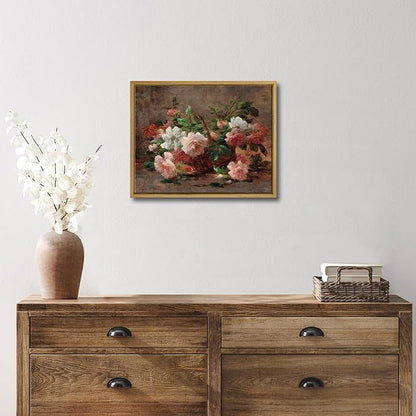 Pyradecor Vintage Retro Framed Wall Art A Basket with Roses Canvas Prints Classical Floral Painting Artwork for Kitchen Decor Farm House Office Decorations