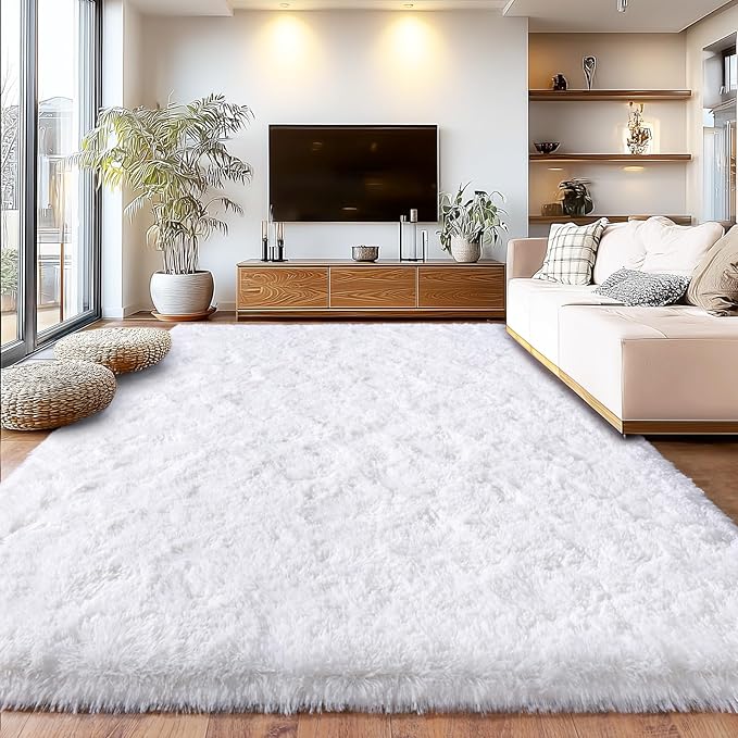 White Non-Slip Plush Rugs for Living Room, White Shaggy Carpets for Living Room, Fuzzy Rugs for Kids' Room, Perfect Decor for Modern Home 8x10Feet