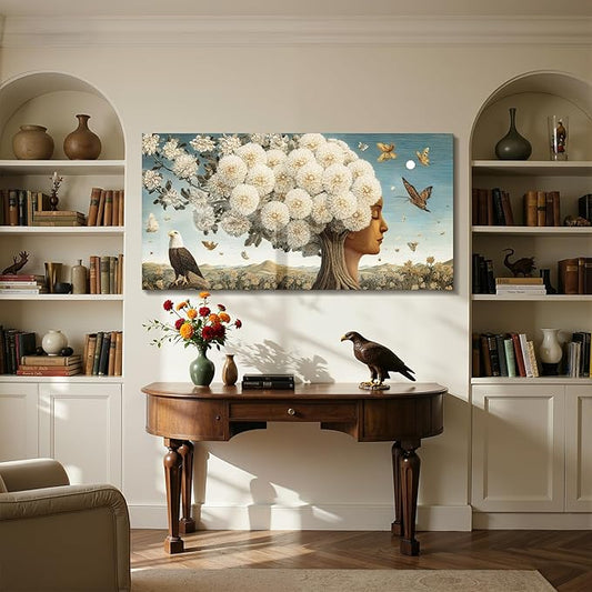 imjiayu Oversized Wall Art, Tree of Life Wall Art, Large Wall Decor, Surrealism White Flower Tree Prints, Art Nouveau Abstract Painting, Modern Pictures for Living Room Dining Room Office 29"x57"