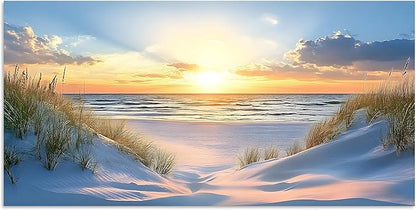 TutuBeer Beach Pictures Ocean Pictures Wall Decor White Beach with Dunes and Grass Picture Print on Canvas Ocean Seascape Paintings Canvas Art Prints Wall Decor Ready to Hang 8" x 16"