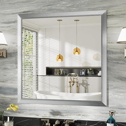 36x36 Inch Brushed Silver Bathroom Mirror for Wall, Thick Metal Framed Rectangle Mirrors for Over Sink, Bedroom, Living Room, Entryway, Anti-Rust, HD Tempered Glass